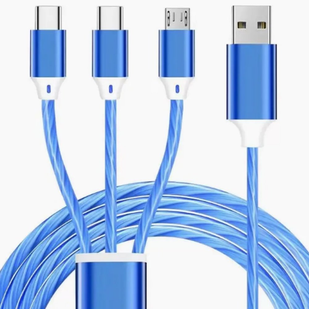 Sky Blue Universal 3 in 1 Flat Light Emitting Data Cable 3.92 ft